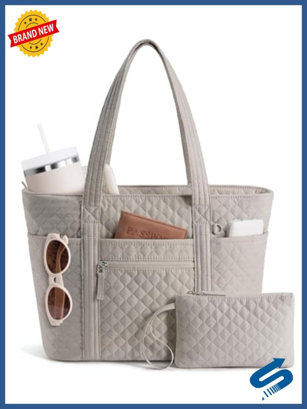 Quilted Cotton Tote Bag with 40oz Tumbler Holder, Work Travel Teacher Nurse Bag